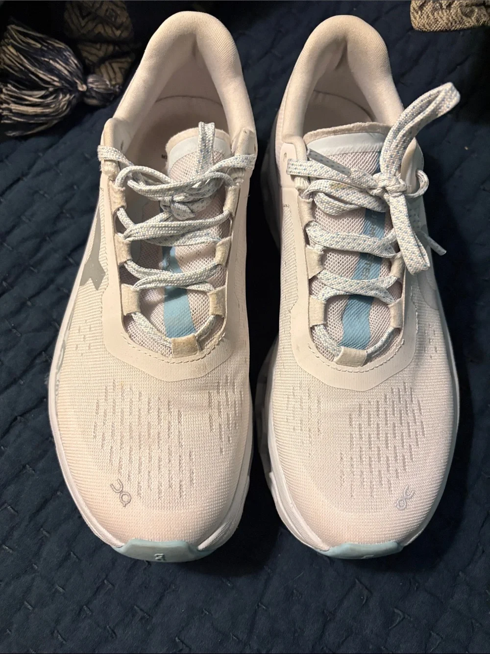 On Running White Sneakers with Pale Blue Accents - Picture 1 of 5
